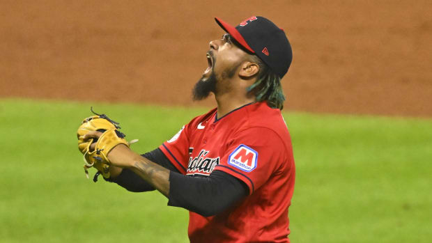 Sep 21, 2023; Cleveland, Ohio, USA; Cleveland Guardians relief pitcher Emmanuel Clase (48) celebrates the final out in a win over the Baltimore Orioles at Progressive Field. Mandatory Credit: David Richard-USA TODAY Sports  